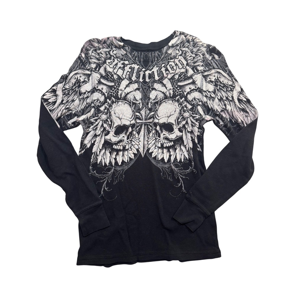 Affliction Live Fast GRAIL Small Black Waffle Knit Thermal Skulls Wings Shirt